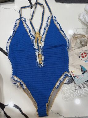 Blue Crochet One-Piece Swimsuit with Gold Trim